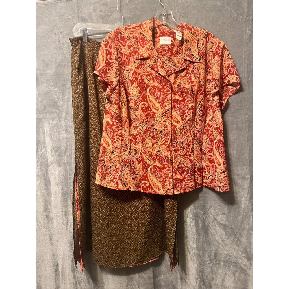 Emma James Petite Paisley Skirt Set Womens 16P Red Brown Blouse Skirt Petite Art